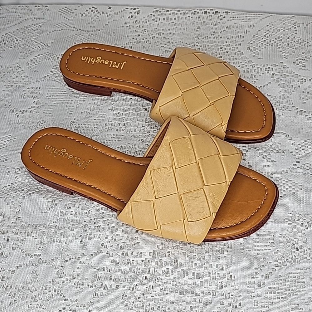 NWOT J. McLaughlin Agnes woven leather slide on weaved tan sandals slides sz 6